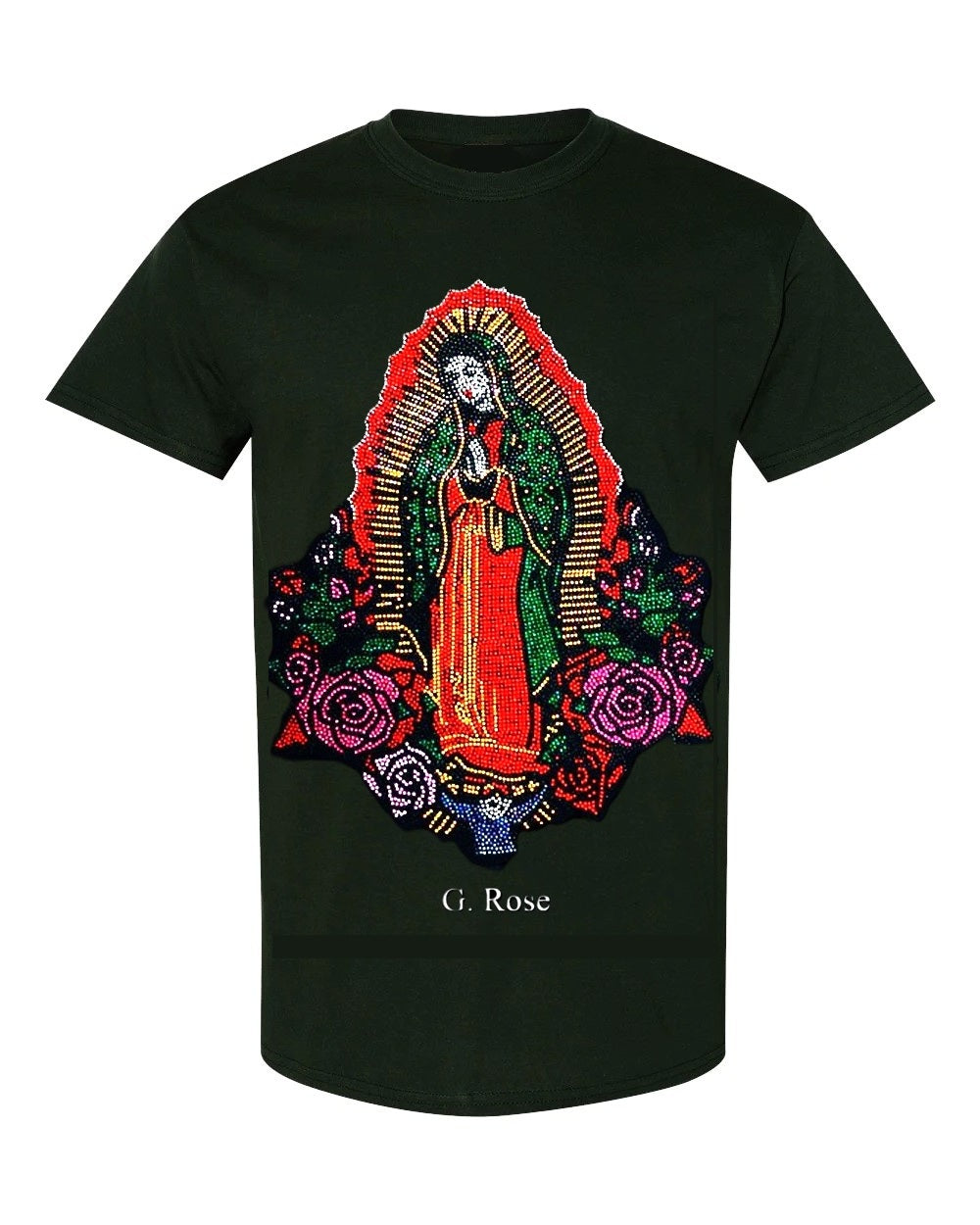 Virgen de Guadalupe rhinestone t-shirt in black with colorful rose design and diamond bling embellishments – Apostles Reserve